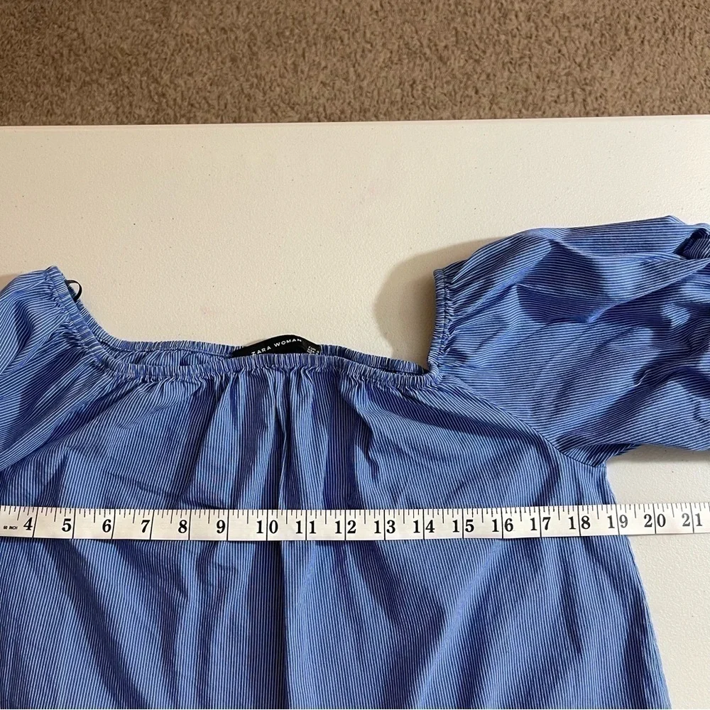 Zara Puff Sleeve Pinstripe Off Shoulder Blouse Women Size Small Blue/White Boho